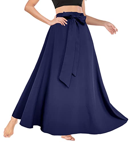 Afibi Damen High Waist Rock Tie Front A-Linie Flowy Long Maxi Röcke mit Taschen, marineblau, Mittel von Afibi