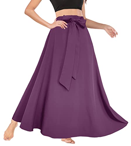 Afibi Damen Hohe Taille Rock Tie Front A-Linie Flowy Lange Maxi Röcke mit Taschen, Violett, Groß von Afibi