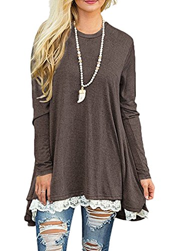 Afibi Damen Lace Langarm ALine Schwingen T-Shirt lose Tunika Top Bluse XX-Large Kaffee von Afibi
