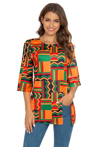 Afibi Damen-Shirt, bedruckt, afrikanisches Dashiki, 3/4-Ärmel, Boho-Stil, lockere Tunika-Oberteile, Rot / Grün 2, 3X-Groß von Afibi