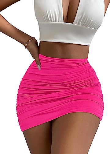 Afibi Damen Stretch Hohe Taille Rüschen Bodycon Doppelschicht Casual Minirock, Koralle, Mittel von Afibi