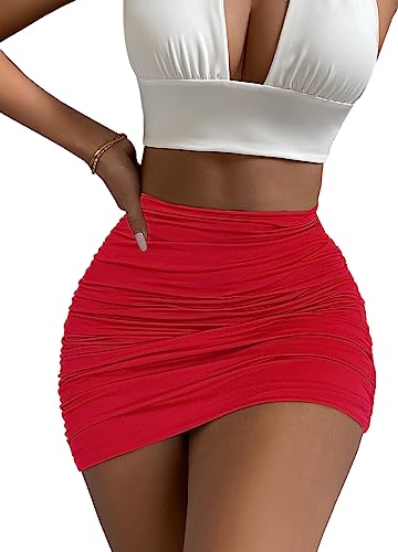 Afibi Damen Stretch Hohe Taille Rüschen Bodycon Doppelschicht Casual Minirock, Rot/Ausflug, einfarbig (Getaway Solids), XX-Large von Afibi