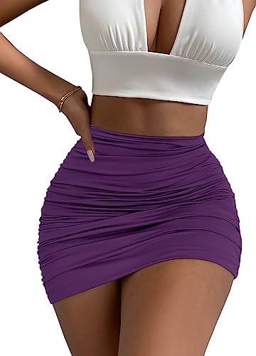 Afibi Damen Stretch Hohe Taille Rüschen Bodycon Doppelschicht Casual Minirock, Violett, Klein von Afibi