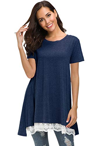 Afibi Damen-Tunika, kurzärmelig, A-Linie, fließender Spitzenbesatz - Blau - X-Large von Afibi
