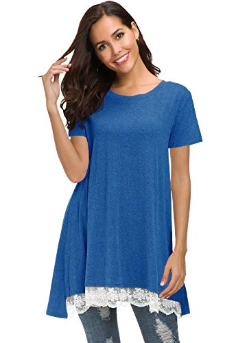 Afibi Damen-Tunika, kurzärmelig, A-Linie, fließender Spitzenbesatz - Blau - XX-Large von Afibi