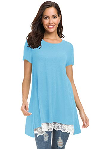 Afibi Damen-Tunika, kurzärmelig, A-Linie, fließender Spitzenbesatz - Blau - XX-Large von Afibi