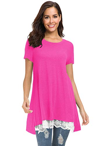 Afibi Damen-Tunika, kurzärmelig, A-Linie, fließender Spitzenbesatz - Pink - XX-Large von Afibi