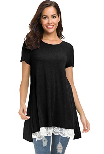 Afibi Damen-Tunika, kurzärmelig, A-Linie, fließender Spitzenbesatz - Schwarz - X-Large von Afibi