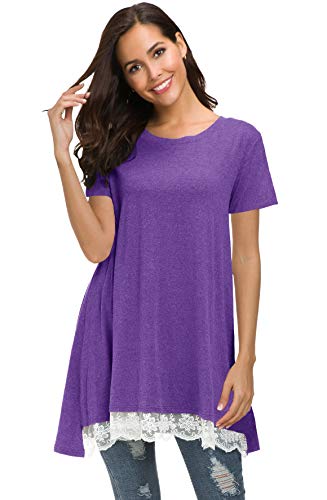 Afibi Damen-Tunika, kurzärmelig, A-Linie, fließender Spitzenbesatz - Violett - X-Large von Afibi