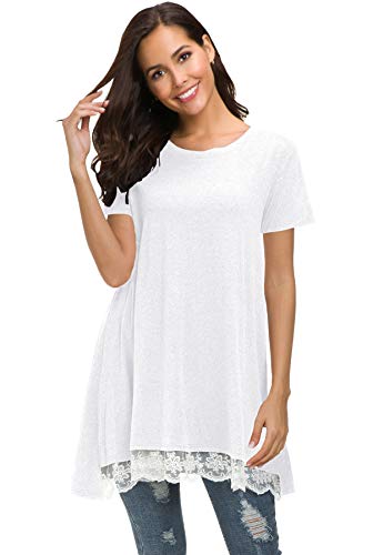 Afibi Damen-Tunika, kurzärmelig, A-Linie, fließender Spitzenbesatz - Weiß - XX-Large von Afibi