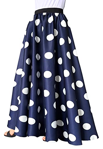 Afibi Frauen Chiffon Wischen Bodenlänge Big Hem Solide Strand Hohe Taille Maxi Rock, Marineblau Punkte, XX-Large von Afibi