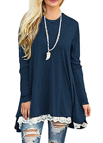 Afibi Frauen Spitze Langarm A-Linie Swing T-Shirt Lose Tunika Top Bluse (XL, Navy Blau) von Afibi
