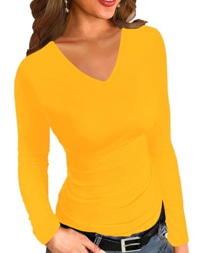 Afibi Frauen gerippte Langarm V-Ausschnitt Slim Fit Stretchy Basic T Shirts Tops, gelb, X-Groß von Afibi