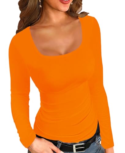 Afibi Frauen gerippte Langarm quadratischer Ausschnitt Slim Fit Stretchy Basic T Shirts Tops, Orange/Abendrot im Zickzackmuster (Sunset Chevron), Mittel von Afibi