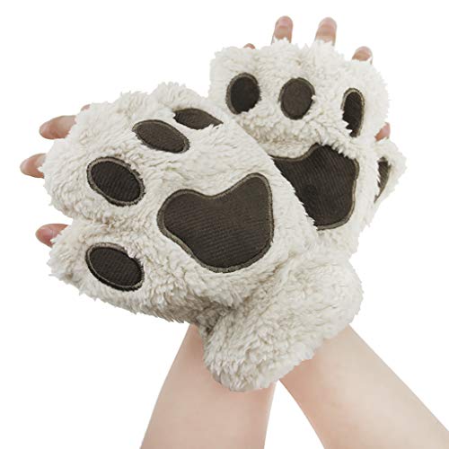 AfinderDE Halbhandschuhe Fingerlos Handschuhe Damen Mädchen Plüsch Halb Handschuhe dicken warmen Fingerhandschue Cartoon Tier Bär Katze Krallen Winterhandschuhe von AfinderDE