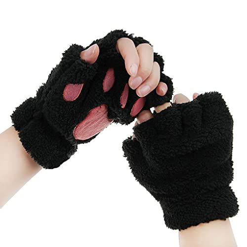 AfinderDE Halbhandschuhe Fingerlos Handschuhe Damen Mädchen Plüsch Halb dicken warmen Fingerhandschue Cartoon Tier Bär Katze Krallen Winterhandschuhe von AfinderDE