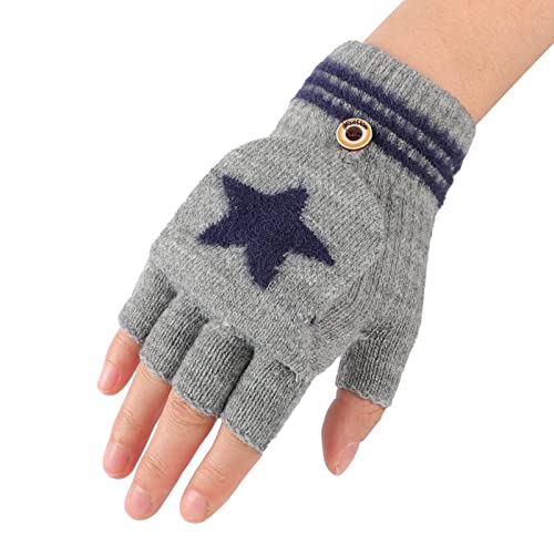 AfinderDE Kinder Fausthandschuhe Mädchen jungen Abnehmbare Klappe Strickhandschuhe Fäustlinge Handschuhe Fingerhandschuhe Fingerlos Halb Handschuhe Strick Handschuhe Winterhandschuhe (Grau 1), L von AfinderDE