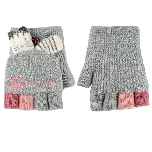 AfinderDE Kinder Fausthandschuhe Mädchen jungen Abnehmbare Klappe Strickhandschuhe Fäustlinge Handschuhe Fingerhandschuhe Fingerlos Halb Handschuhe Strick Handschuhe Winterhandschuhe (Grau 3), L von AfinderDE