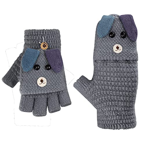 AfinderDE Kinder Fausthandschuhe Mädchen jungen Abnehmbare Klappe Strickhandschuhe Fäustlinge Handschuhe Fingerhandschuhe Fingerlos Halb Handschuhe Strick Handschuhe Winterhandschuhe (Grau 6), L von AfinderDE