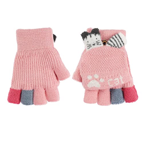 AfinderDE Kinder Fausthandschuhe Mädchen jungen Abnehmbare Klappe Strickhandschuhe Fäustlinge Handschuhe Fingerhandschuhe Fingerlos Halb Handschuhe Strick Handschuhe Winterhandschuhe (Pink 3), L von AfinderDE