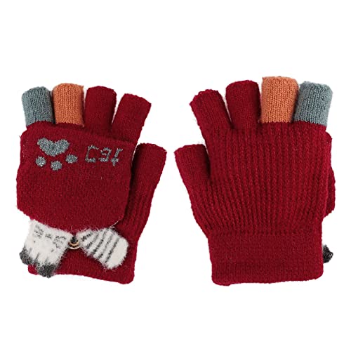 AfinderDE Kinder Fausthandschuhe Mädchen Jungen Abnehmbare Klappe Strickhandschuhe Fäustlinge Fingerhandschuhe Fingerlos Halb Handschuhe Winterhandschuhe Rot 3 von AfinderDE