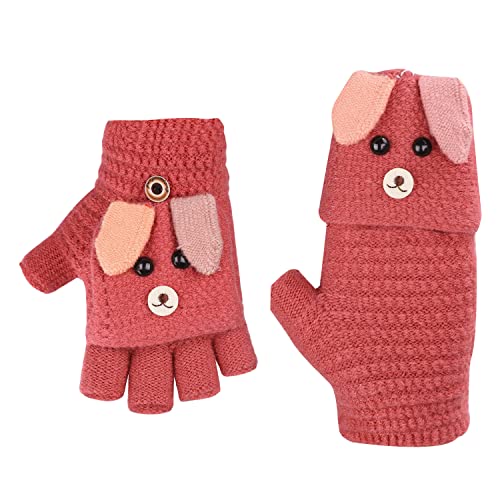 AfinderDE Kinder Fausthandschuhe Mädchen jungen Abnehmbare Klappe Strickhandschuhe Fäustlinge Handschuhe Fingerhandschuhe Fingerlos Halb Handschuhe Strick Handschuhe Winterhandschuhe (Rot 6), L von AfinderDE