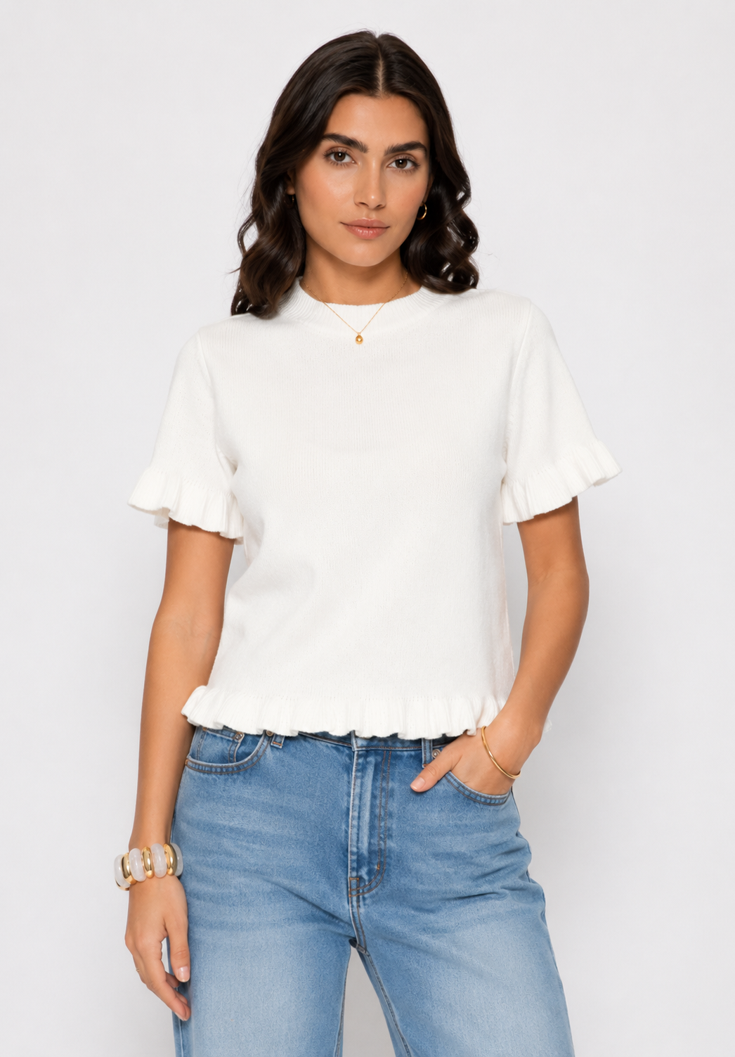 Afinity Einfarbiger Strickpullover mit Rüschen Creme Weiß von Afinity