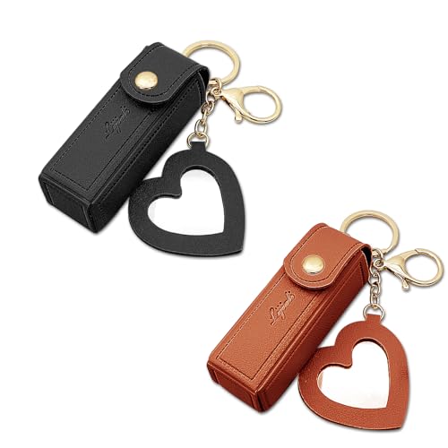 AfitLulu 2 Stück Lippenstift Etui Schlüsselanhänger mit Spiegel, Lippenbalsam-Halter Tragbarer Chapstick Lippenstift Hülle Leder Kosmetiktasche Klein Make Up Organizer Tasche (Schwarz+Braun) von AfitLulu