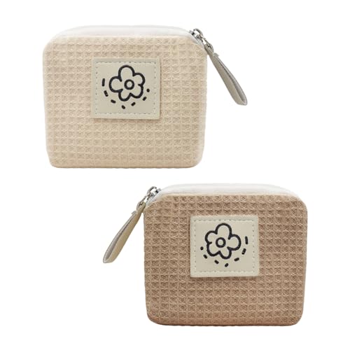 AfitLulu 2 Stück Münzbörsen Niedliche Blume Kleines Portemonnaie Damen Lippenstiftbeutel mit Reißverschluss, Münzbeutel Mini Münzgeldbeutel für Organize Handtasche Small Items (Beige+Braun) von AfitLulu
