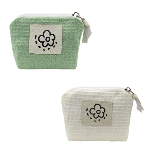 AfitLulu 2 Stück Münzbörsen Niedliche Blume Kleines Portemonnaie Damen Lippenstiftbeutel mit Reißverschluss, Münzbeutel Mini Münzgeldbeutel für Organize Handtasche Small Items (Grün+Weiß) von AfitLulu