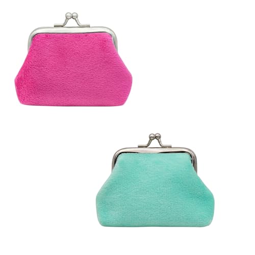 AfitLulu 2 Stück Münzbörsen für Damen und Mädchen, 4 Zoll Münzbeutel Plüsch Münztaschen Kuss-Schloss Münzgeldbeutel Mini Geldbeutel Weich Geldbörse Klein für Schmuck, Schlüssel, Münzen (rot+blau) von AfitLulu