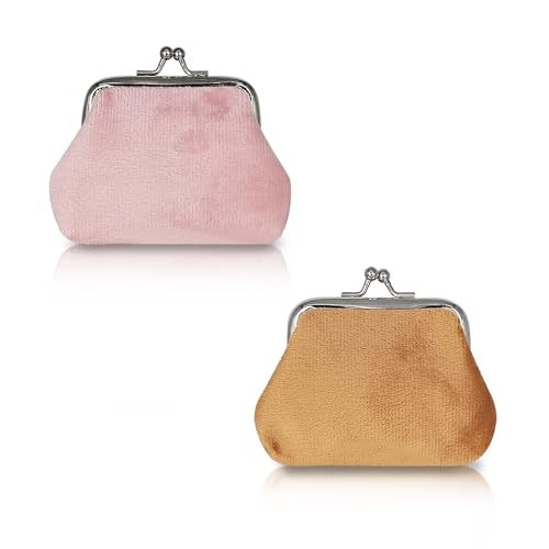 AfitLulu 2 Stück Münzbörsen für Damen und Mädchen, 4 Zoll Münzbeutel Plüsch Münztaschen Kuss-Schloss Münzgeldbeutel Mini Geldbeutel Weich Geldbörse Klein für Schmuck, Schlüssel, Münzen (Rose+braun) von AfitLulu