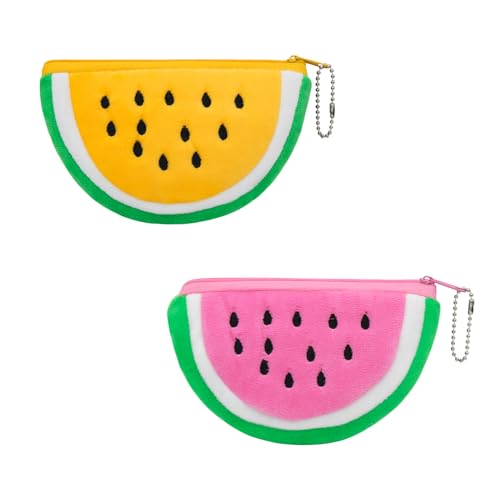 AfitLulu 2 x Kleingeldbörse, niedliche Plüsch-Cartoon-Wassermelonen-Form, Münzbörse mit Schlüsselanhänger für Frauen, weiche Kawaii-Geldbörse mit Reißverschluss, Gelb und Rosa, Obst von AfitLulu