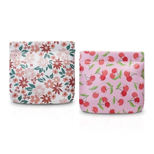 AfitLulu 2 x PU-Geldbörse mit Blumenmuster, 11,4 cm, automatischer Pop-Up-Verschluss, tragbare Geldbörse für Damen, saisonales Blumenmuster, Lippenstift, Mini-Make-up-Tasche, Kirsche + gebrochene von AfitLulu