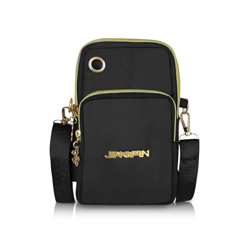 AfitLulu 7-Zoll Handytasche Zum Umhängen Damen mit Kopfhörerloch und Gummiband zum Anbringen am Arm, 3 Reißverschlusstaschen Leinwand Umhängetasche Damen mit abnehmbarem Schulterriemen (Schwarz-1) von AfitLulu