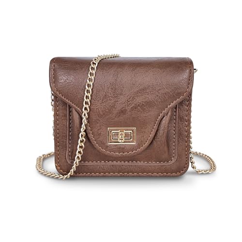 AfitLulu Damen Crossbody Lippenstift Tasche mit Spiegel und Metallkette Tragbare Lippenstift Pouch Mini Kosmetiktasche für Aufbewahrung Lippenstift, Kopfhörer und Kleingeld, braun, Klein von AfitLulu