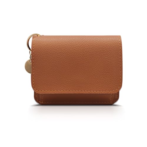 AfitLulu Damen Geldbeutel Kurz Geldbörse mit Schlüsselanhänger Dekoration, Kleines Portemonnaie Einfarbig Geldbörsen mit ID-Fenster und Münzfach mit Reißverschluss (Braun) von AfitLulu