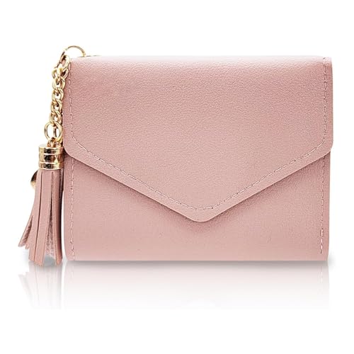 AfitLulu Damen Geldbörse PU Leder Tri-fold Wallet für Frauen mit Herz Anhänger und Quaste, 6 Kartenfächer, 1 Ausweisfenster, 1 Bargeldfach, Slim Card Wallet für Mädchen und Frauen, Pink, Classic von AfitLulu