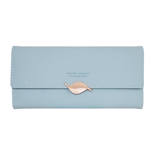 AfitLulu Damen-Geldbörse aus PU-Leder mit Blatt-Druckknopf-Dekoration und Münzfach mit Reißverschluss, große Damen-Geldbörse, dreifach gefaltet, stilvolle Damen-Geldbörse für 9 Kreditkartenfächer und von AfitLulu