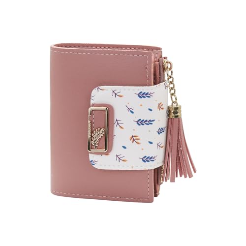 AfitLulu Damen-Geldbörse aus PU-Leder mit Quasten-Anhänger und Weizenohren-Muster, Damen-Geldbörse mit 5 Kreditkartenfächern, Ausweisfenster und Münzfach mit Reißverschluss, rose, 12.2 * 3 * 9cm, von AfitLulu