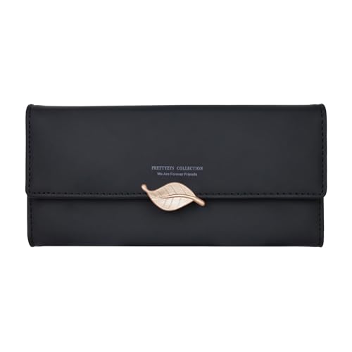 AfitLulu Damen-Geldbörsen, PU-Leder, Damen-Geldbörse mit Blatt-Druckknopf-Dekoration und Münzfach mit Reißverschluss, dreifach gefaltet, stilvolle Clutch-Geldbörse für Damen, für 9 Kreditkartenfächer von AfitLulu