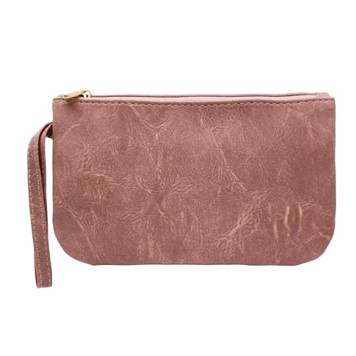 AfitLulu Damen Portemonnaie Schlankheit PU-Leder Geldbeutel mit Reißverschluss und Handschlaufe, Tragbar Handytasche Mehrzweck Geldbörse Mobile Phone Purse mit Innenabteil (Rosa) von AfitLulu