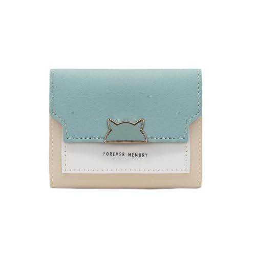 AfitLulu Dreifach gefaltete Geldbörse aus PU-Leder für Damen, kurze Geldbörse, Farbblockierung, Damen-Geldbörse mit mehreren Steckplätzen und Ausweisfenster für Karten, Fotos, Grün , Modern von AfitLulu