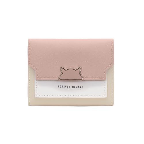 AfitLulu Dreifach gefaltete Geldbörse aus PU-Leder für Damen, kurze Geldbörse, Farbblockierung, Damen-Geldbörse mit mehreren Steckplätzen und Ausweisfenster für Karten, Fotos, Pink, Modern von AfitLulu