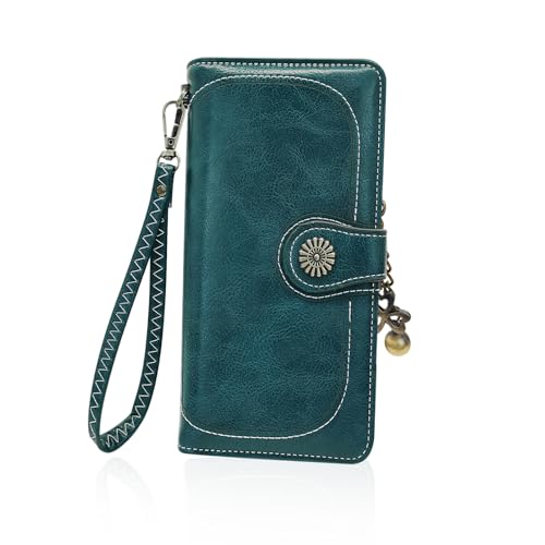 AfitLulu Damen Geldbörse Groß Geldbeutel mit Abnehmbarem Armband und Retro Metall Anhänger, Portemonnaie Damen Leder Portmonee Stilvoll mit Multikartenfach und ID-Fenster (Blau) von AfitLulu