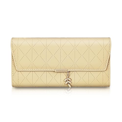 AfitLulu Geldbörse Damen Groß mit Blattwerk-Anhänger Dekoration,Gross PU Leder Portemonnaie Damen, Dreifach Gefaltet Leder Clutch Wallet mit Rautenmuster für 9 Kartenschlitze und Ausweisschlitz (Gelb) von AfitLulu