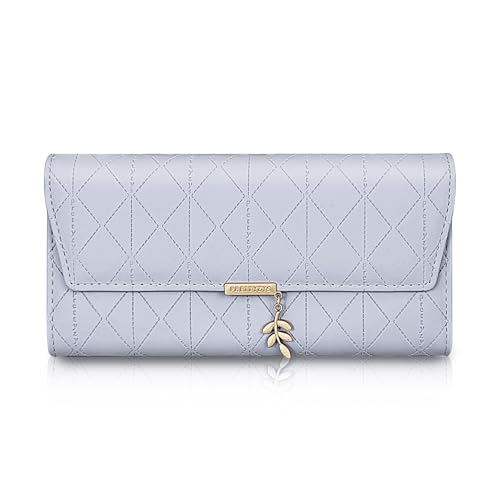 AfitLulu Geldbörse Damen Groß mit Blattwerk-Anhänger Dekoration,Gross PU Leder Portemonnaie Damen, Dreifach Gefaltet Leder Clutch Wallet mit Rautenmuster für 9 Kartenschlitze und Ausweisschlitz (Blau) von AfitLulu