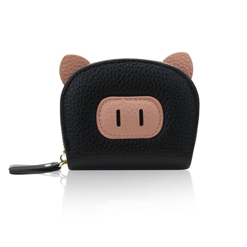 AfitLulu Geldbörse Damen Kartensteckplatz im Akkordeon-Stil Kleines Portemonnaie Damen PU-Leder Geldbeutel Damen mit Süßem Schwein und Panda Aussehen für Karten Bargeld Münze (Schwarz-Pig) von AfitLulu