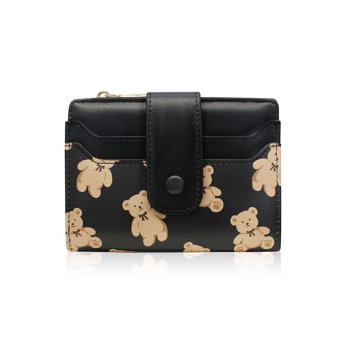 AfitLulu Kurz Geldbörse Damen Leder Karten Portemonnaie mit Bär Druck, Stempelsteuer Geldbeutel Klein Portmonee mit 7 Kartenschlitz, 1 ID-Fenster, 1 Großer Schlitz und 1 Münztasche(Schwarz) von AfitLulu