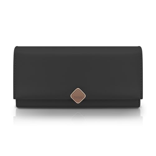 AfitLulu Gross Geldbörse Damen Lang Kunstleder Portemonnaie mit Square Snap Dekoration, Dreifach Gefaltet Clutch Wallet Geldbeutel für Kreditkartenfächer und Ausweisfenster (Schwarz 1) von AfitLulu